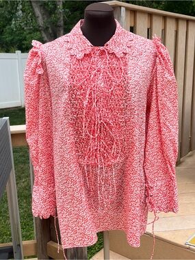 Horror Vacui Floral Smocked Blouse Scalloped Edges & Ties Size L Cottagecore